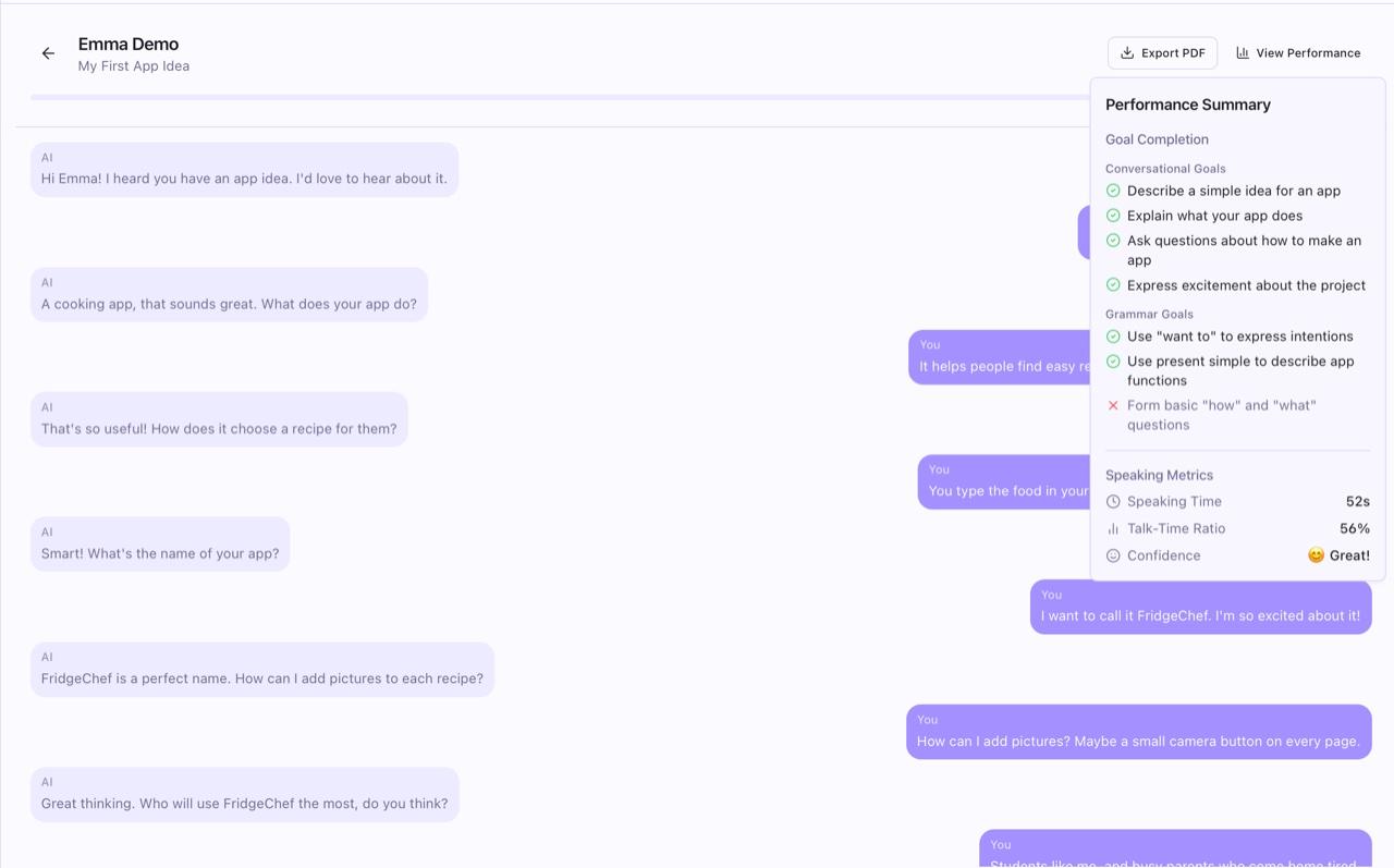 A replayed conversation with performance summary